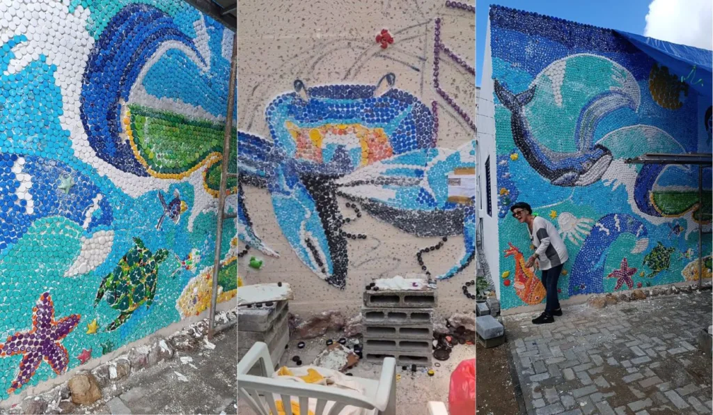 Calçadão Cultura/Arte – Meio Ambiente inspirando arte com mosaico de material reciclável em Carapebus